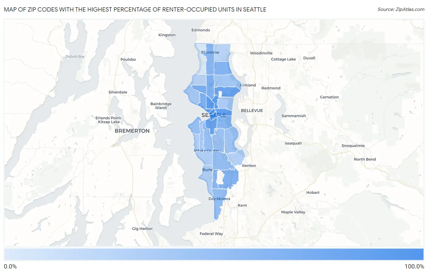 Zip Codes with the Highest Percentage of Renter-Occupied Units in Seattle Map