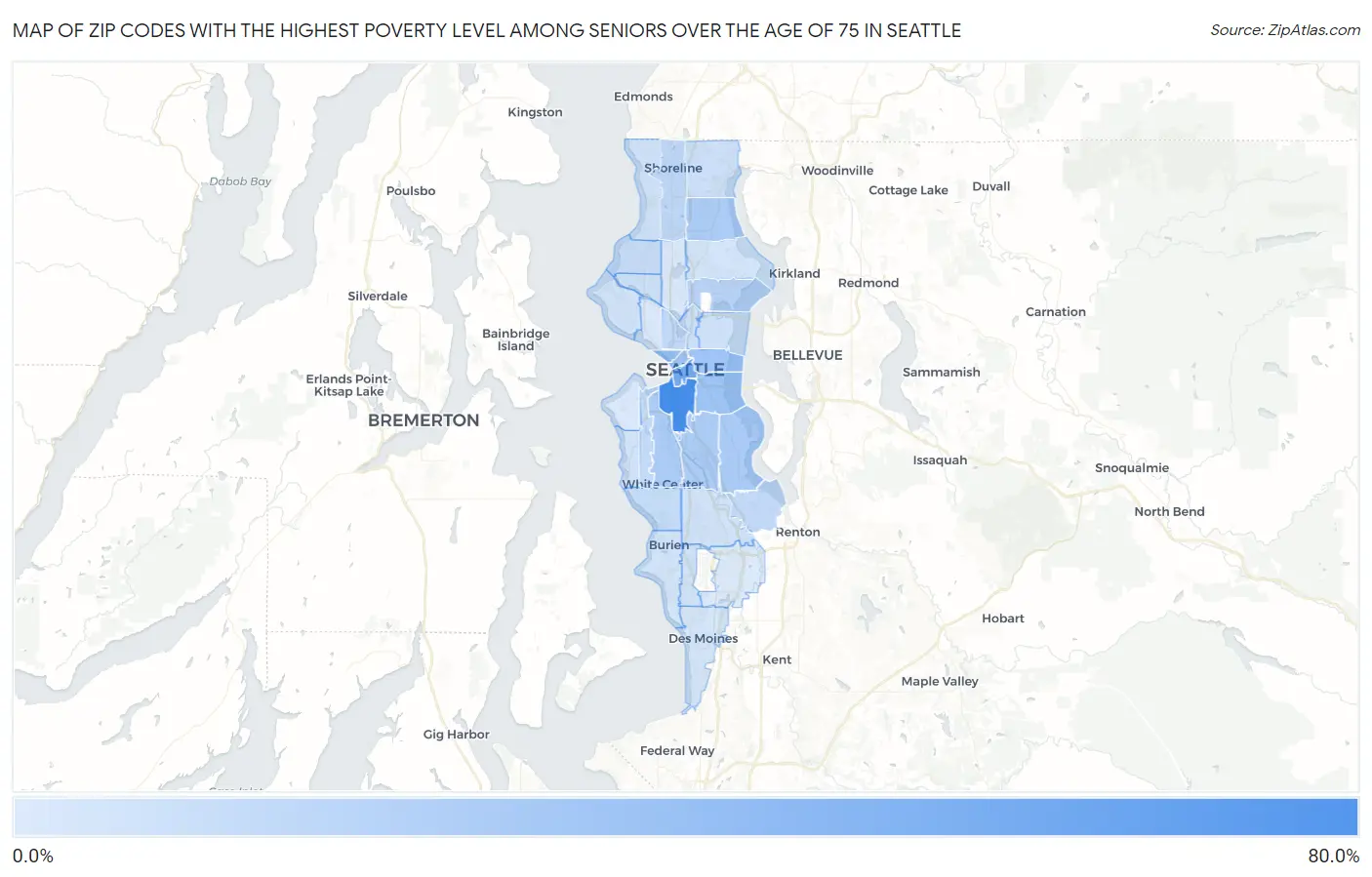 Zip Codes with the Highest Poverty Level Among Seniors Over the Age of 75 in Seattle Map