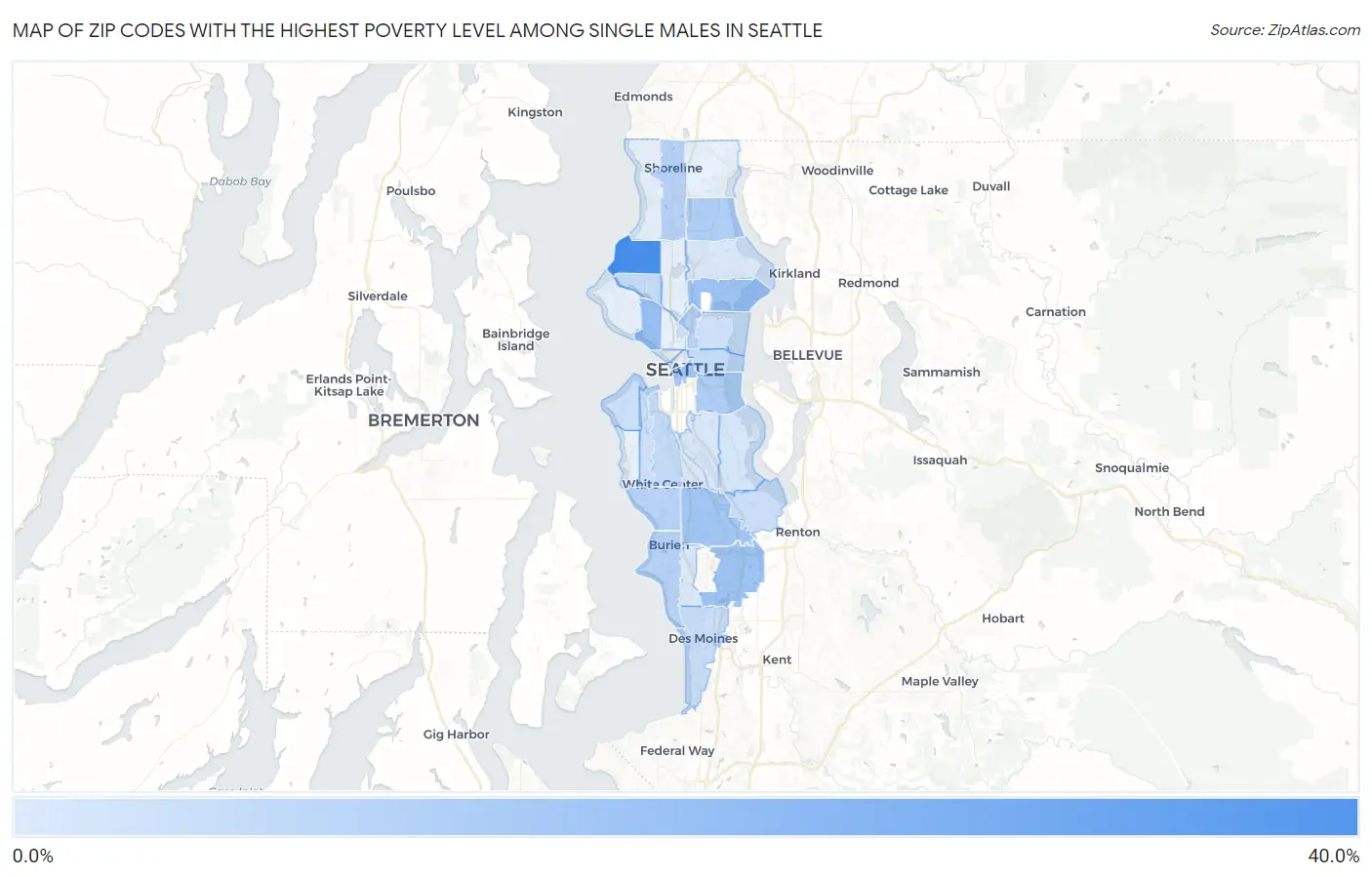 Zip Codes with the Highest Poverty Level Among Single Males in Seattle Map