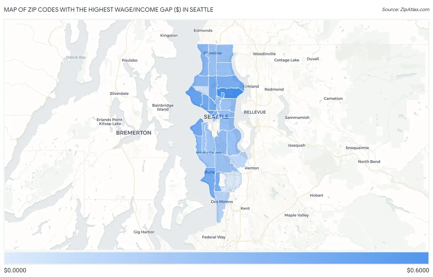 Zip Codes with the Highest Wage/Income Gap ($) in Seattle Map