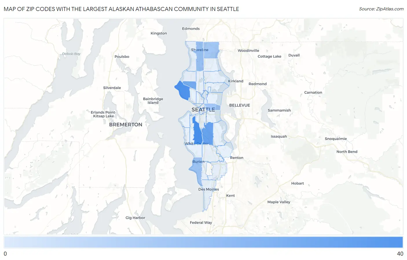 Zip Codes with the Largest Alaskan Athabascan Community in Seattle Map