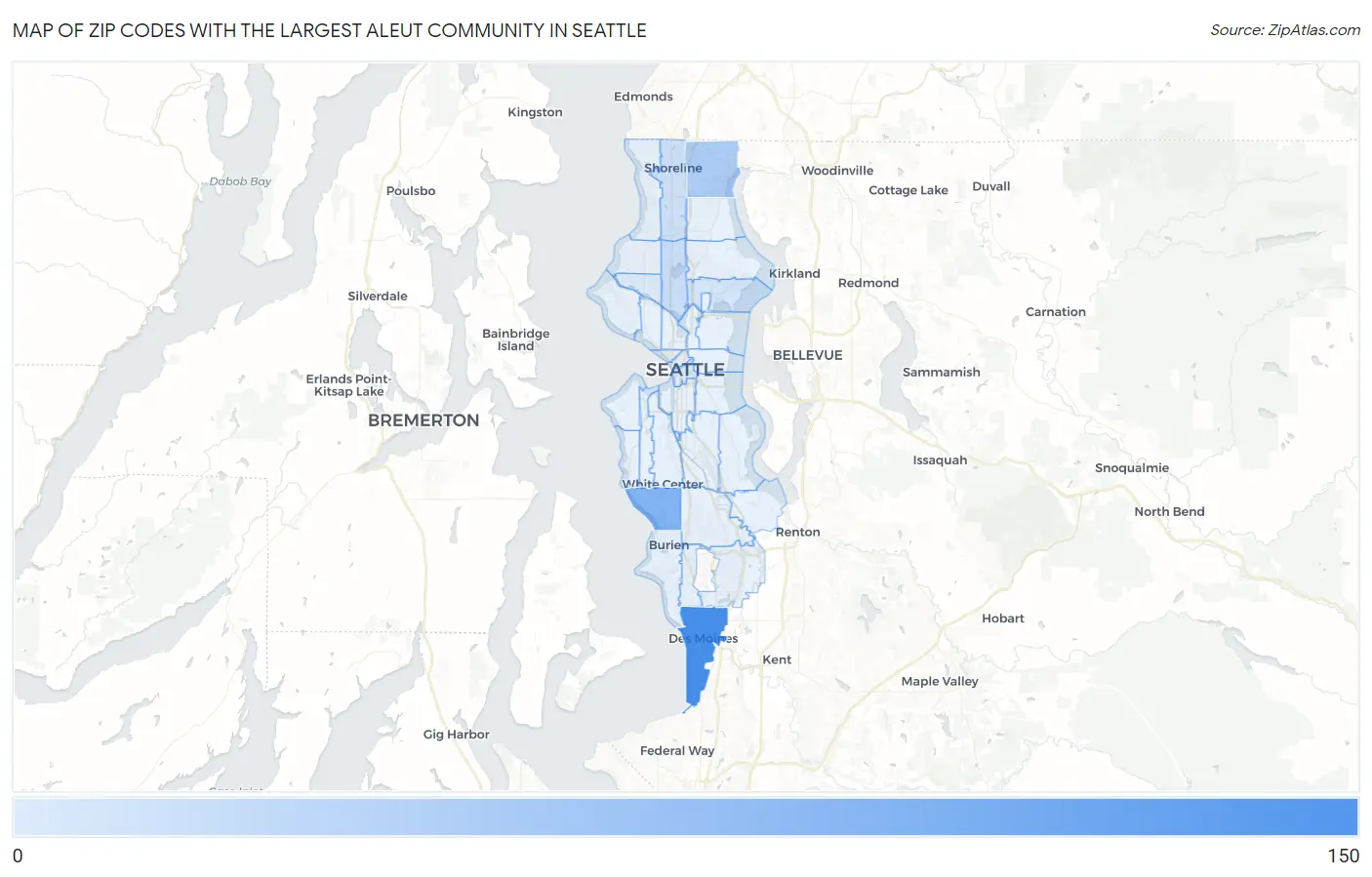 Zip Codes with the Largest Aleut Community in Seattle Map