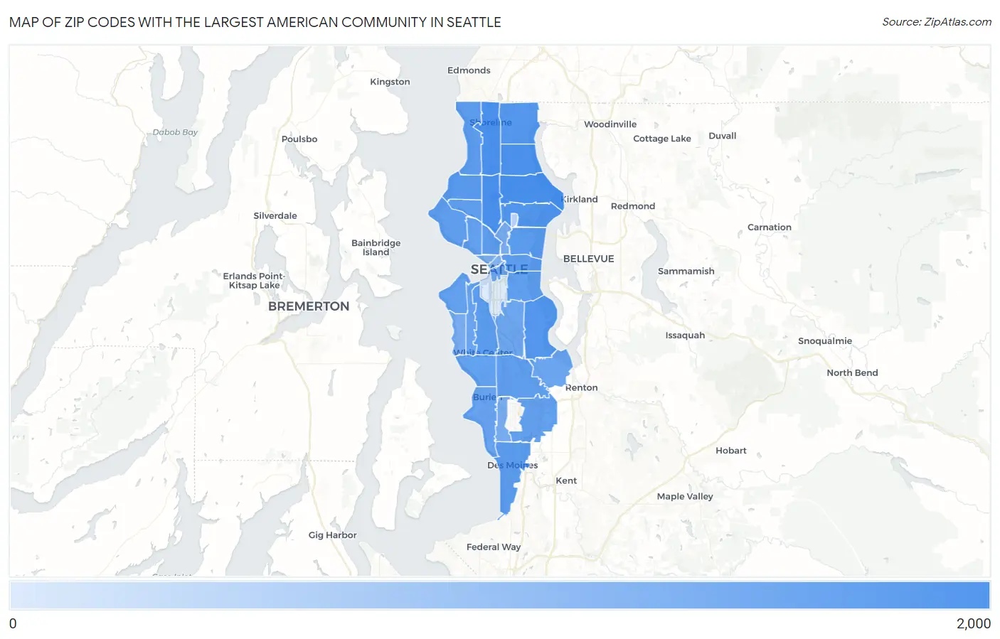 Zip Codes with the Largest American Community in Seattle Map