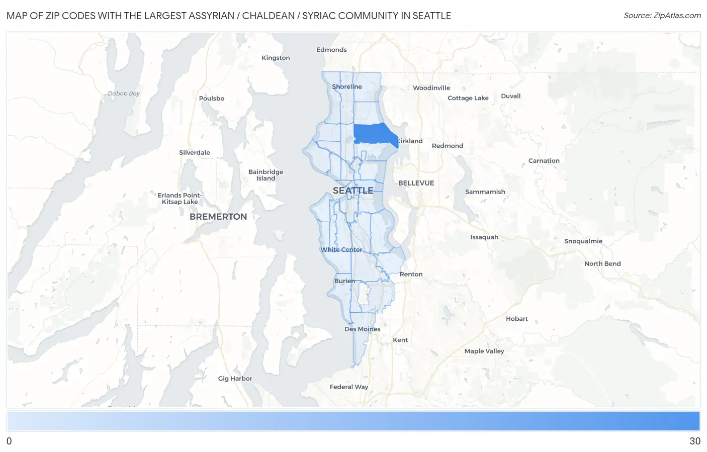 Zip Codes with the Largest Assyrian / Chaldean / Syriac Community in Seattle Map