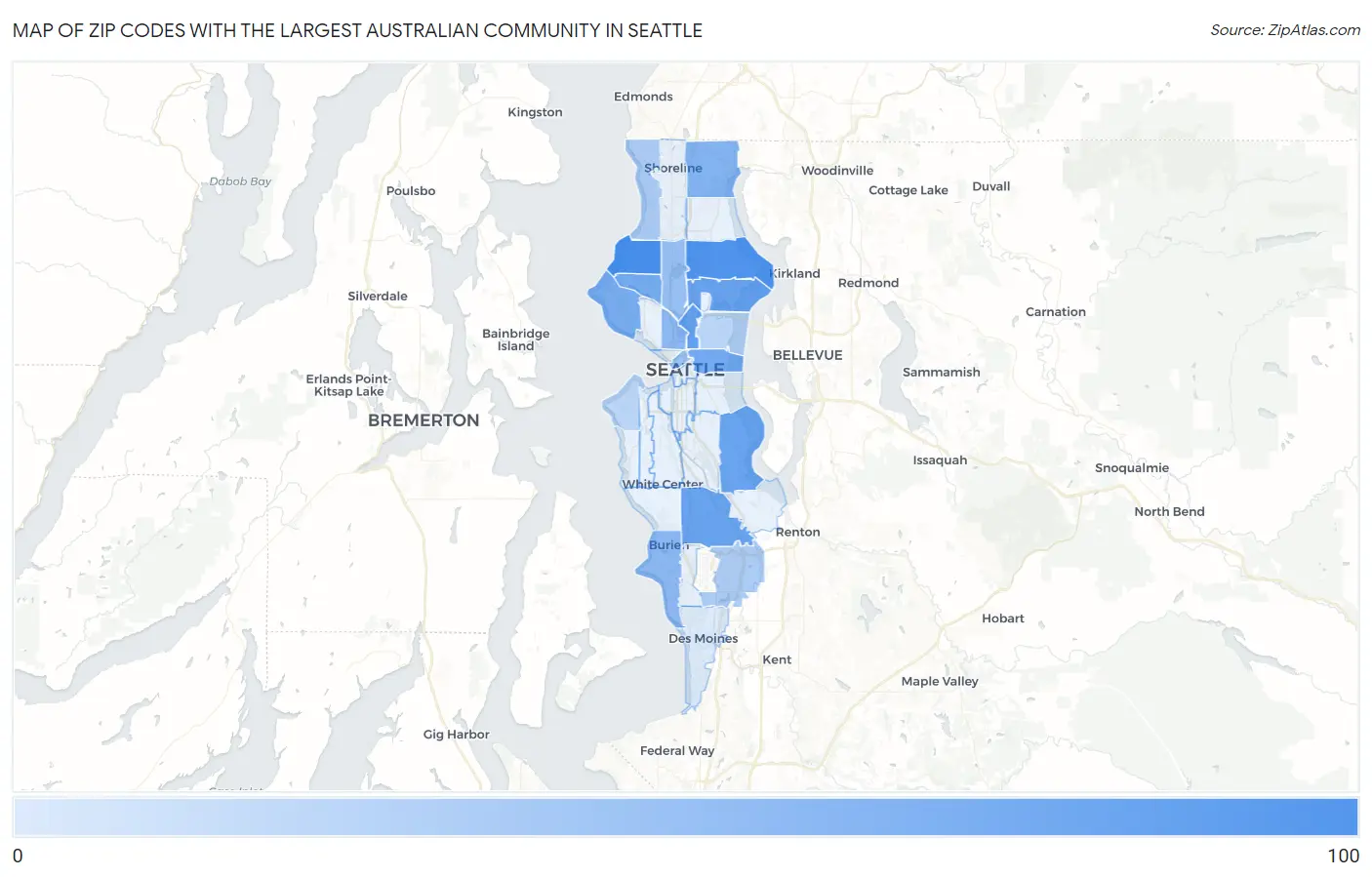 Zip Codes with the Largest Australian Community in Seattle Map