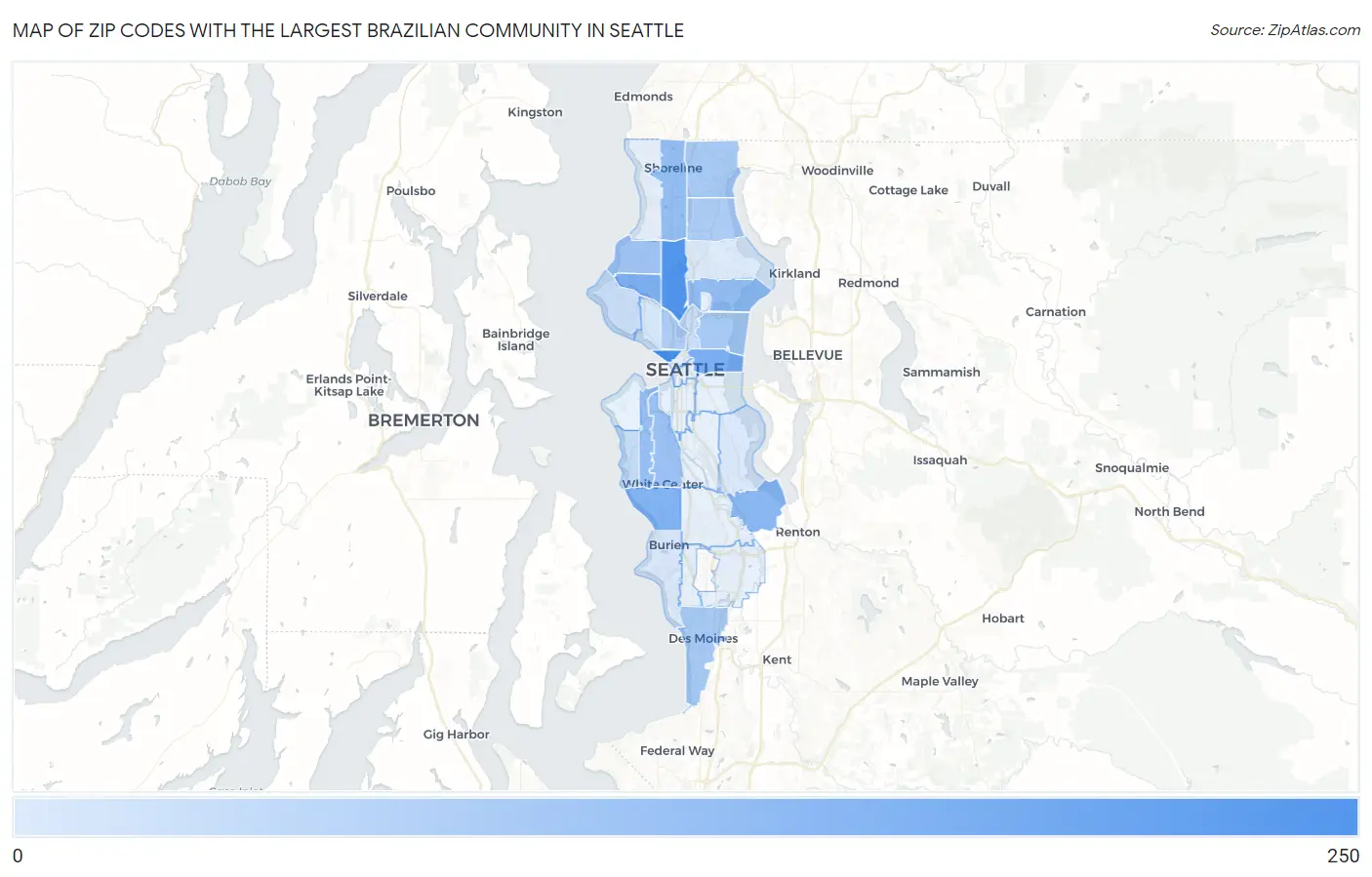 Zip Codes with the Largest Brazilian Community in Seattle Map