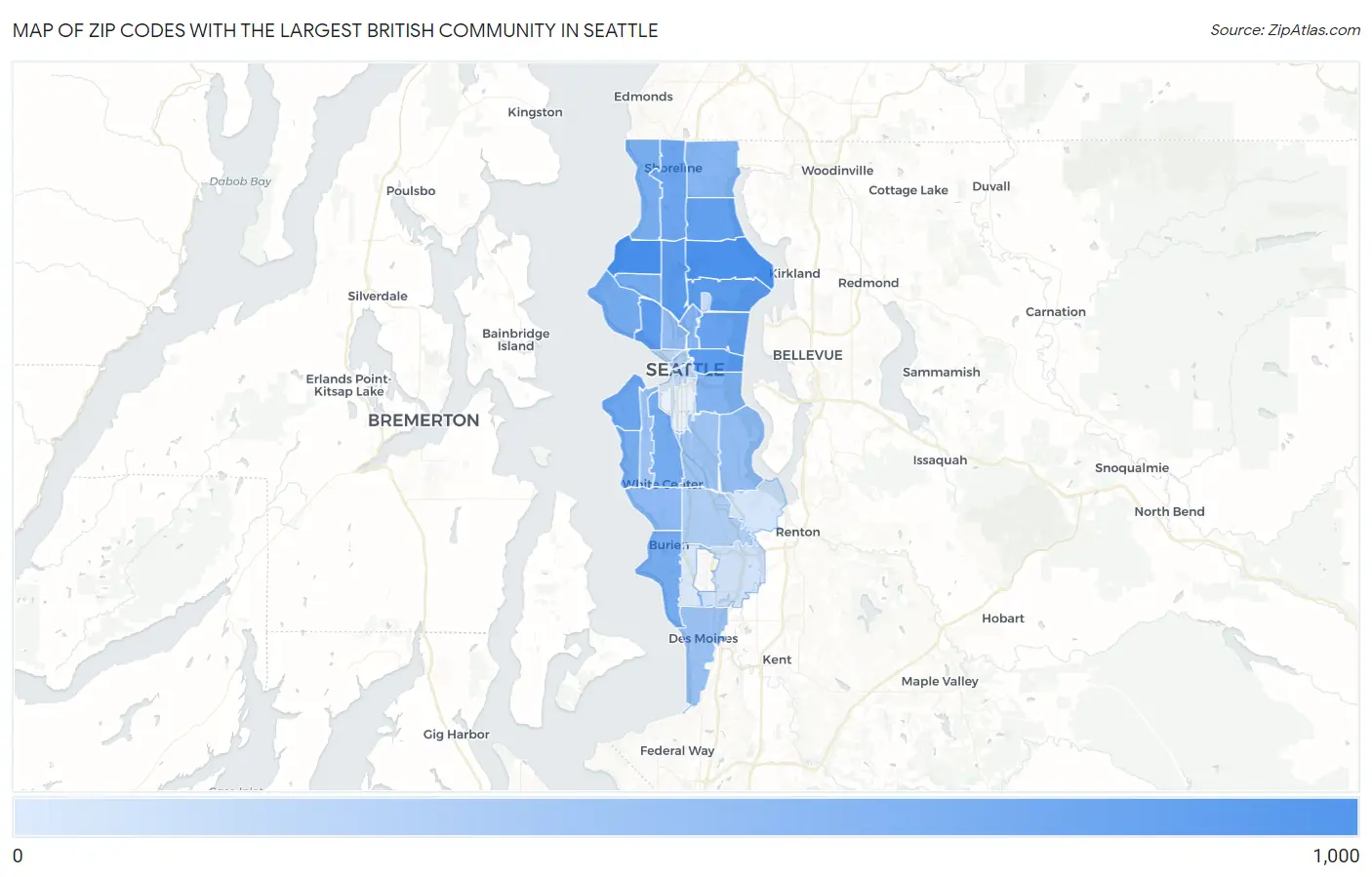 Zip Codes with the Largest British Community in Seattle Map