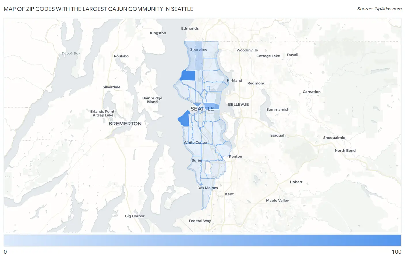 Zip Codes with the Largest Cajun Community in Seattle Map