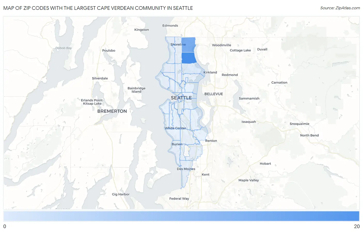 Zip Codes with the Largest Cape Verdean Community in Seattle Map