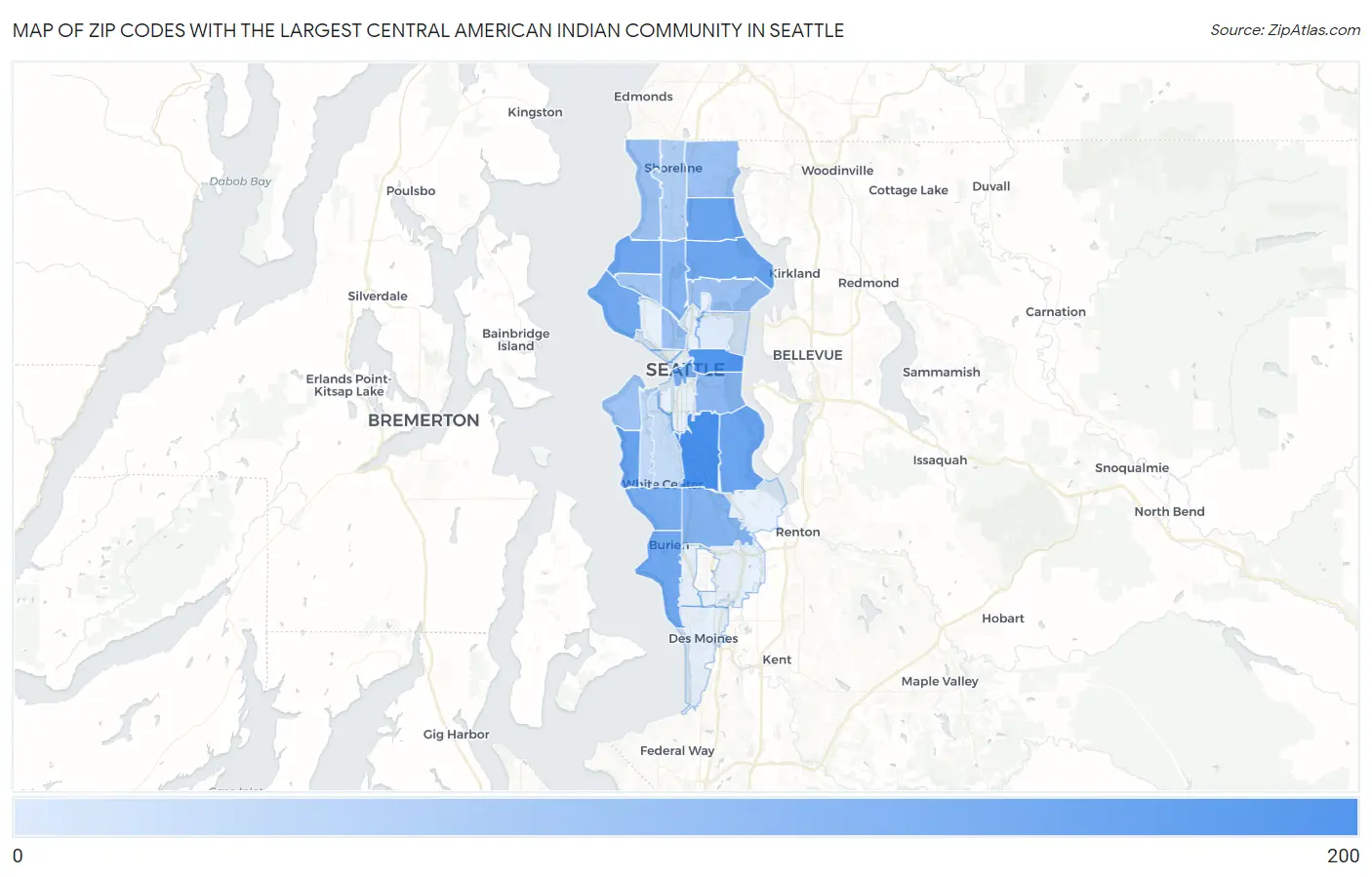Zip Codes with the Largest Central American Indian Community in Seattle Map
