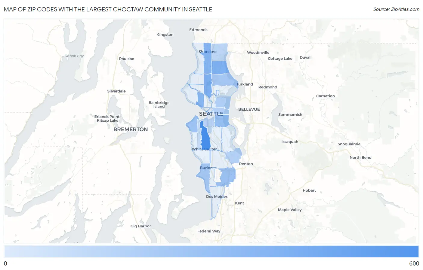 Zip Codes with the Largest Choctaw Community in Seattle Map