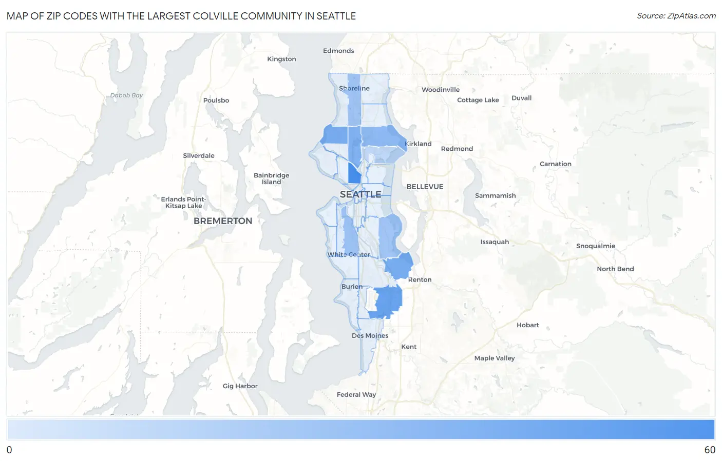 Zip Codes with the Largest Colville Community in Seattle Map