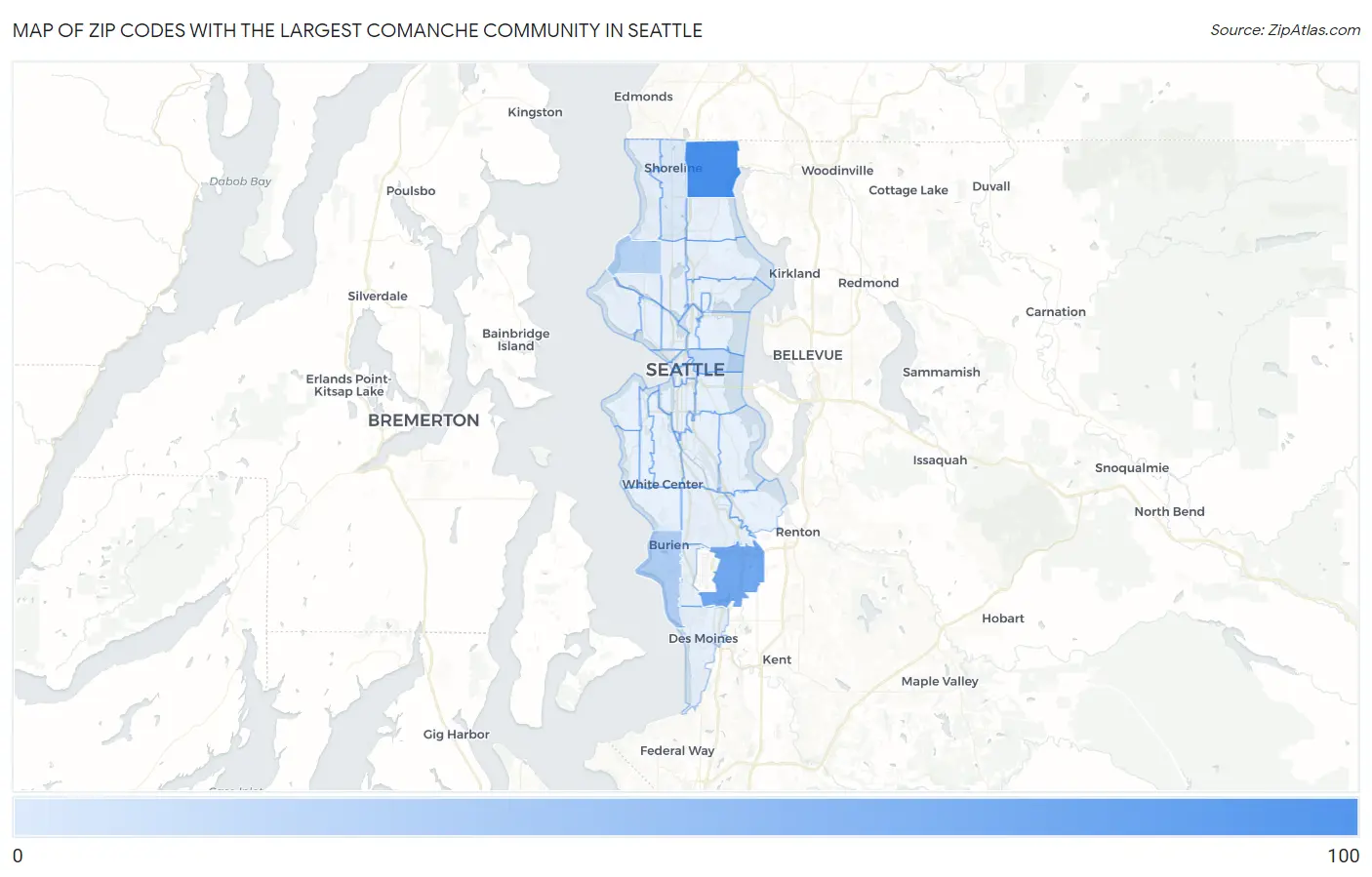 Zip Codes with the Largest Comanche Community in Seattle Map