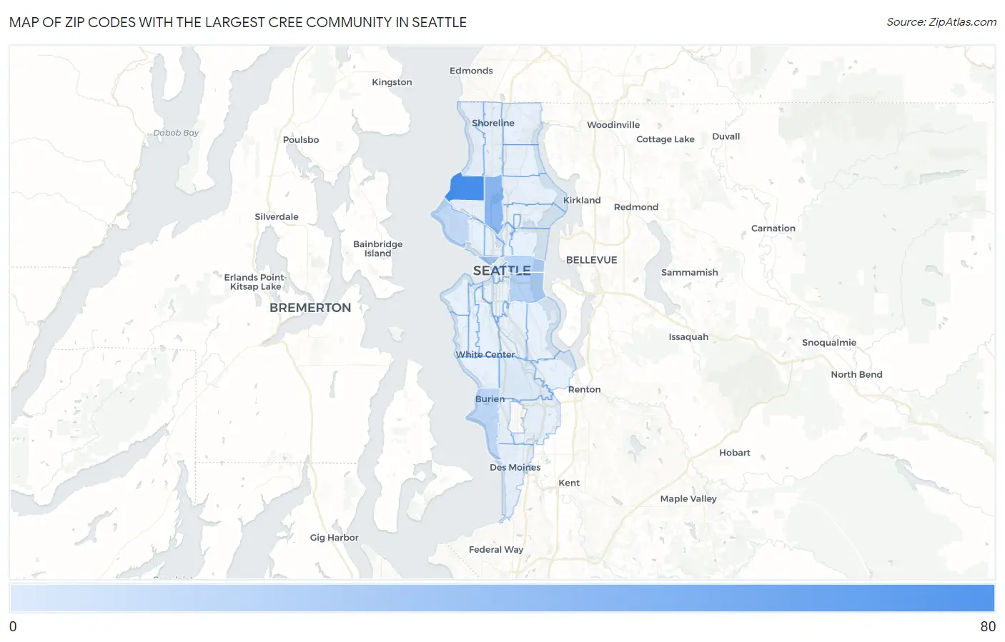 Zip Codes with the Largest Cree Community in Seattle Map