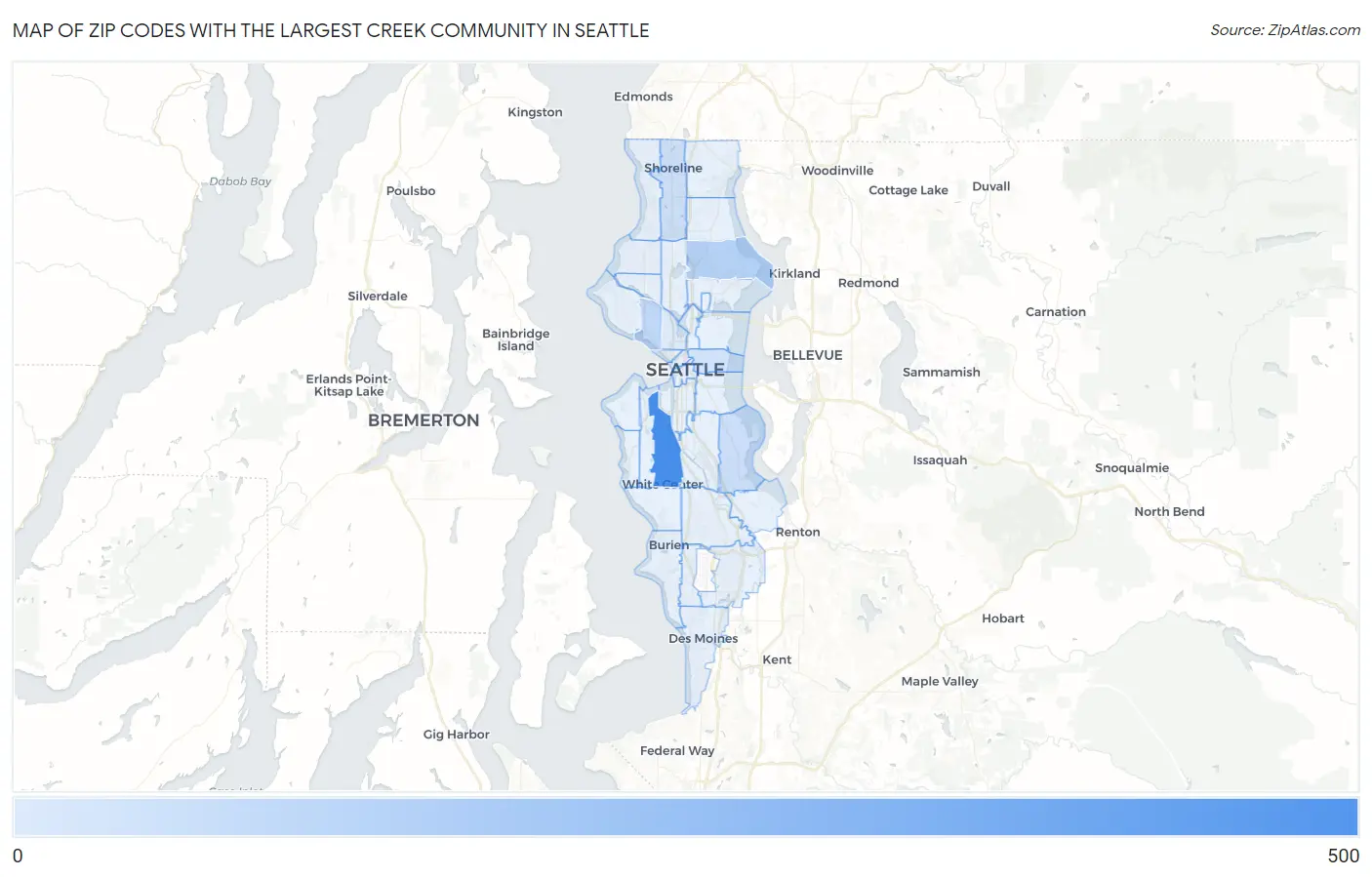 Zip Codes with the Largest Creek Community in Seattle Map