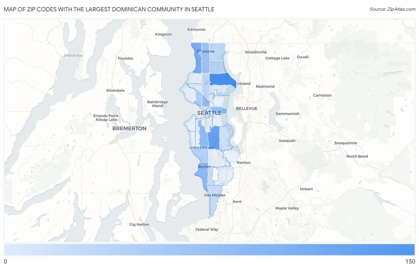 Zip Codes with the Largest Dominican Community in Seattle Map