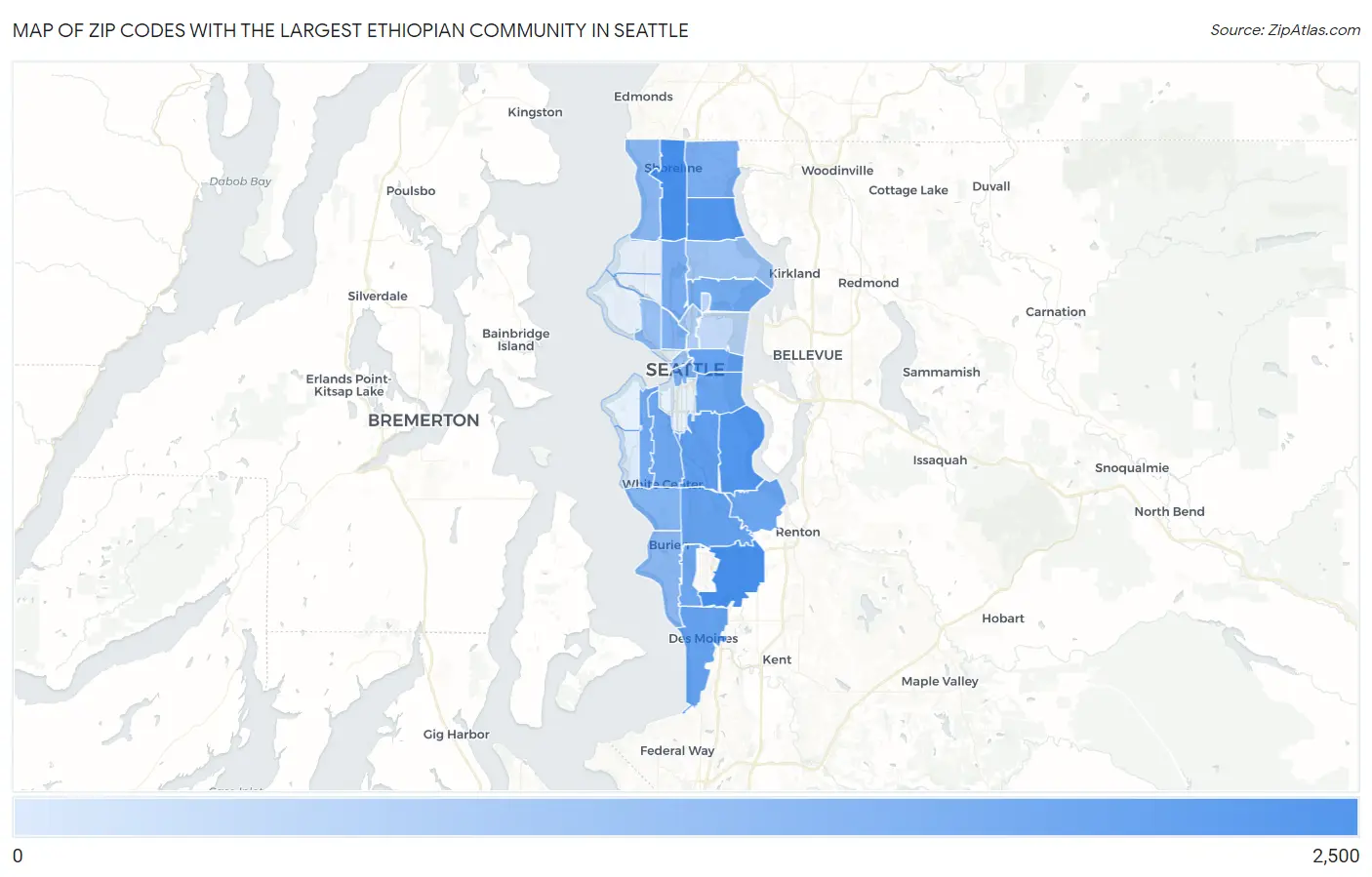 Zip Codes with the Largest Ethiopian Community in Seattle Map