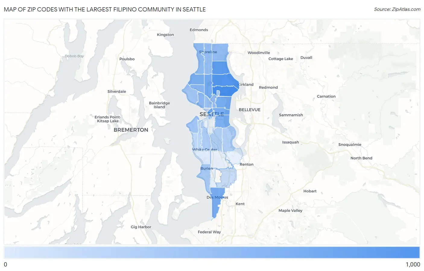 Zip Codes with the Largest Filipino Community in Seattle Map