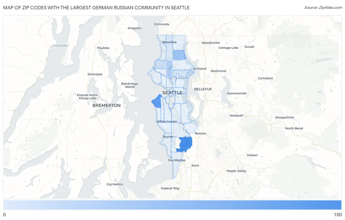 Zip Codes with the Largest German Russian Community in Seattle Map