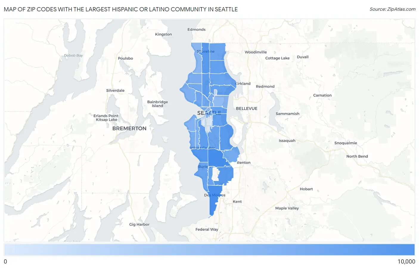 Zip Codes with the Largest Hispanic or Latino Community in Seattle Map
