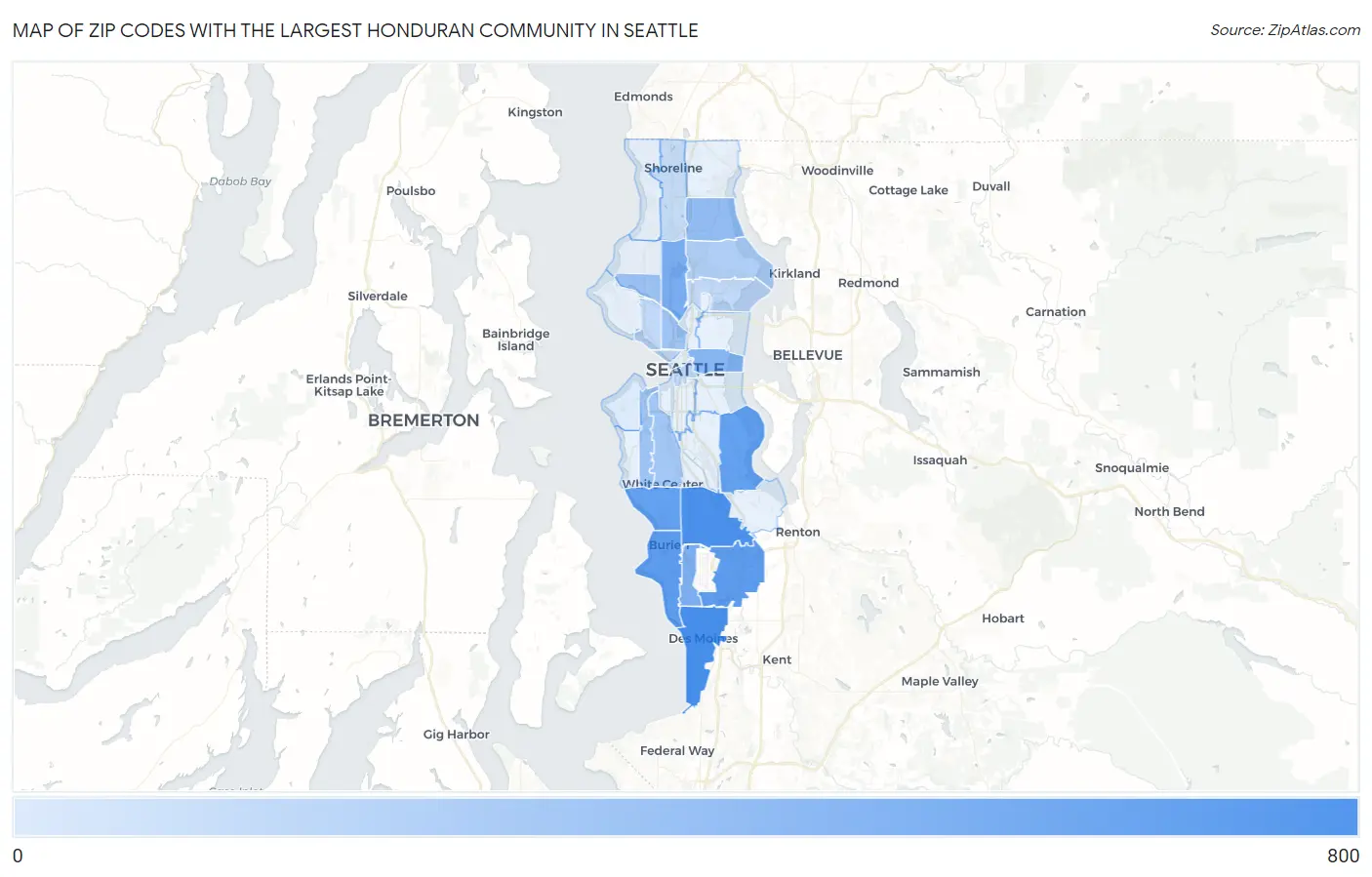 Zip Codes with the Largest Honduran Community in Seattle Map