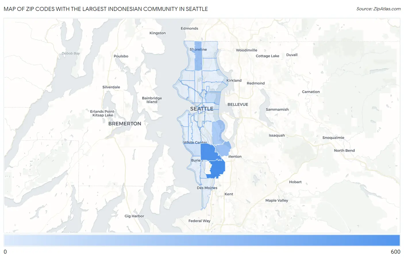 Zip Codes with the Largest Indonesian Community in Seattle Map