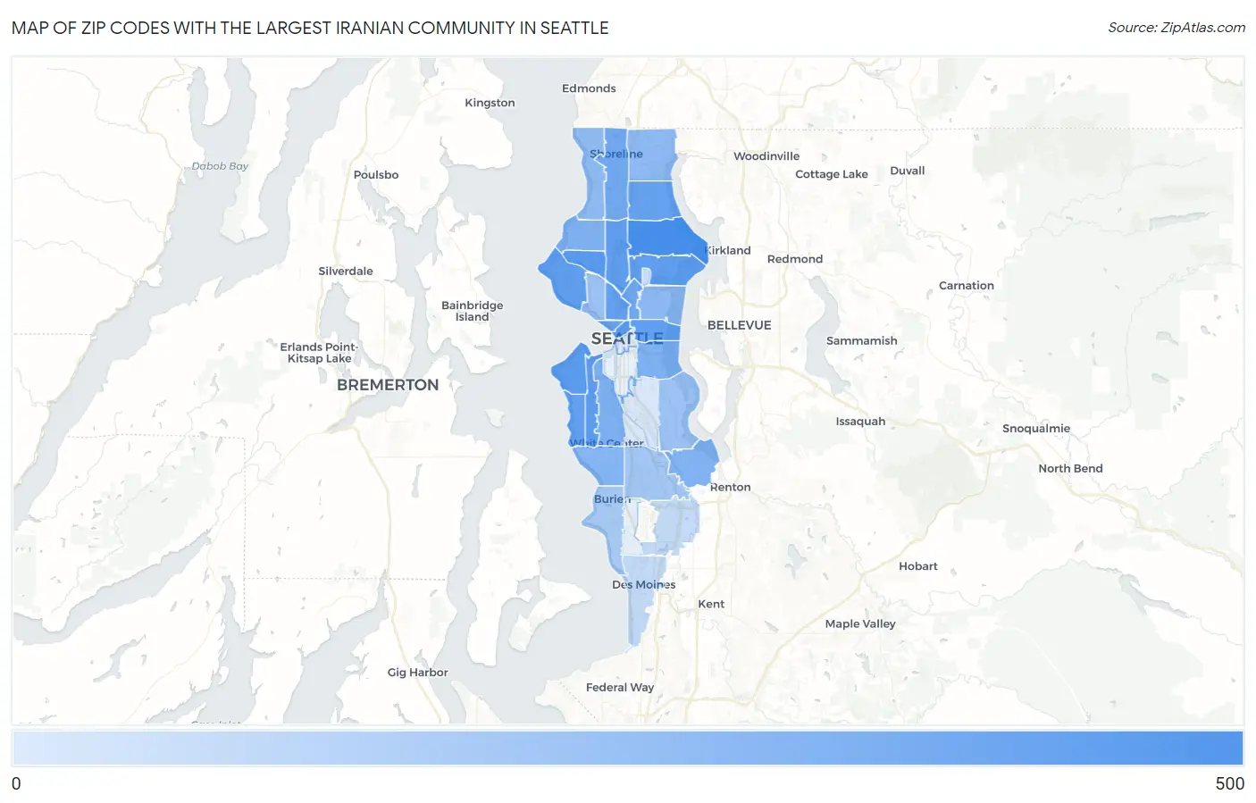 Zip Codes with the Largest Iranian Community in Seattle Map