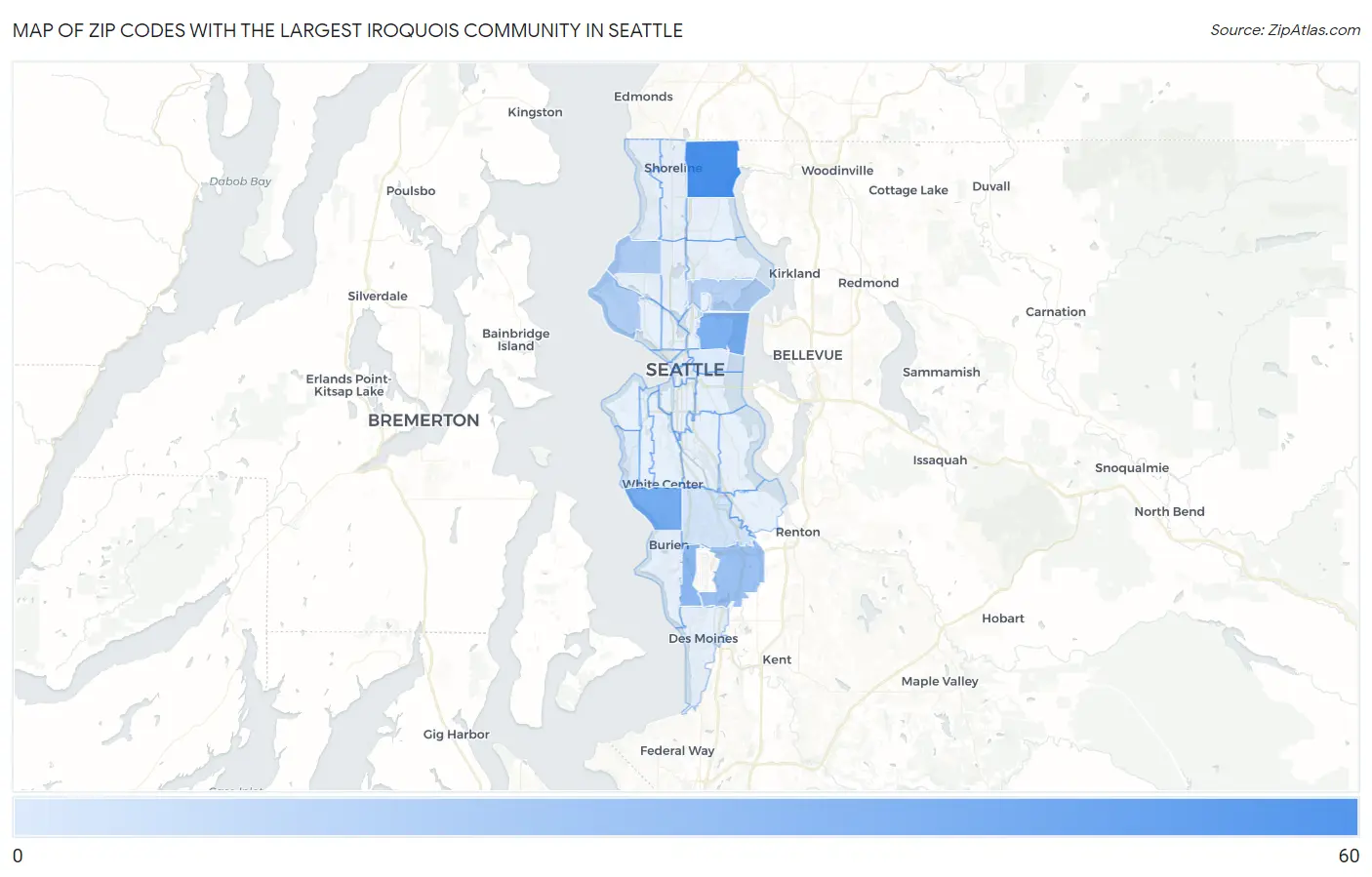 Zip Codes with the Largest Iroquois Community in Seattle Map