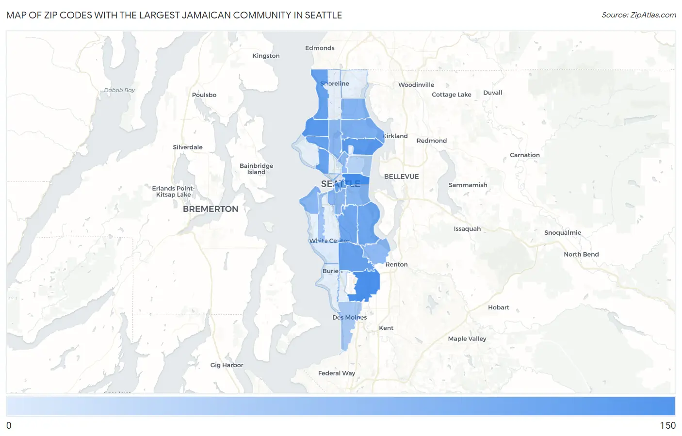 Zip Codes with the Largest Jamaican Community in Seattle Map