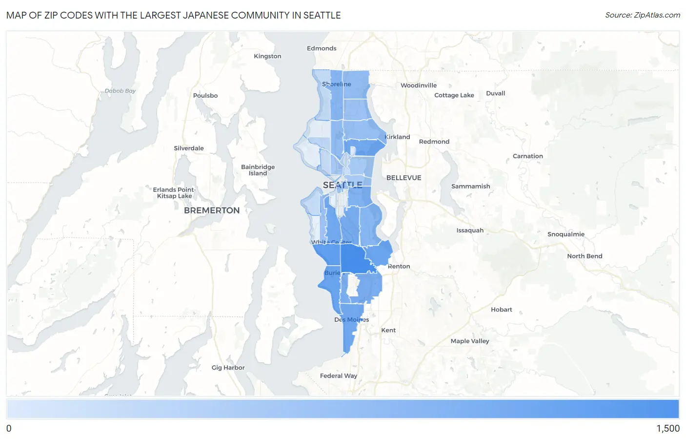 Zip Codes with the Largest Japanese Community in Seattle Map
