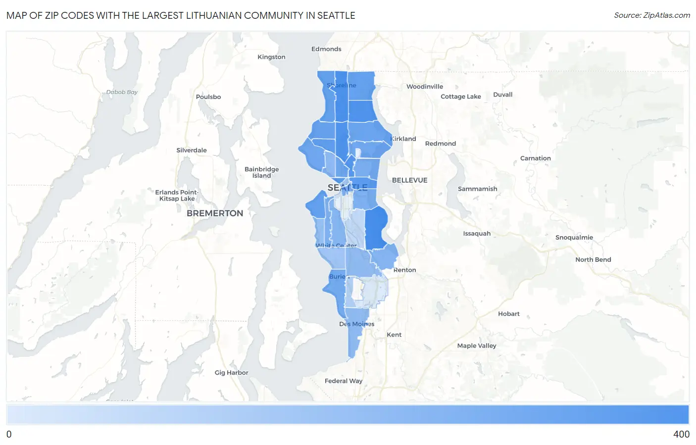 Zip Codes with the Largest Lithuanian Community in Seattle Map