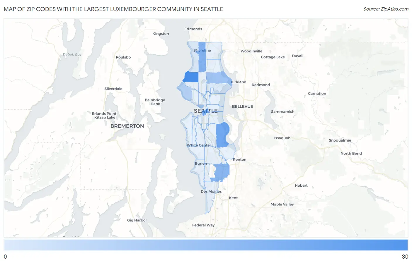 Zip Codes with the Largest Luxembourger Community in Seattle Map