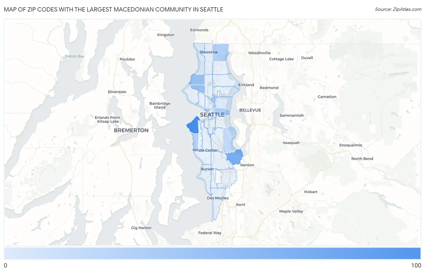 Zip Codes with the Largest Macedonian Community in Seattle Map