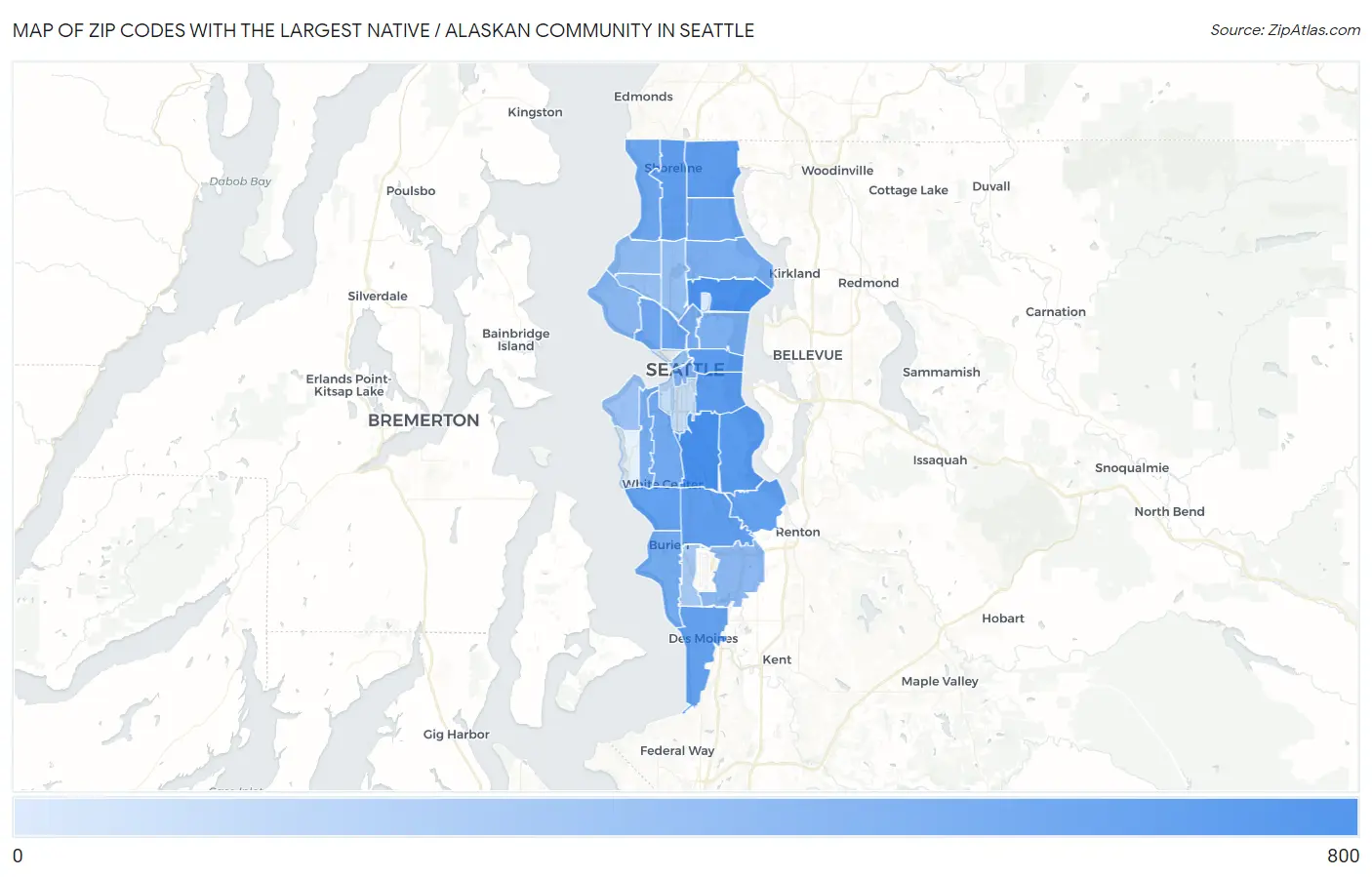 Zip Codes with the Largest Native / Alaskan Community in Seattle Map