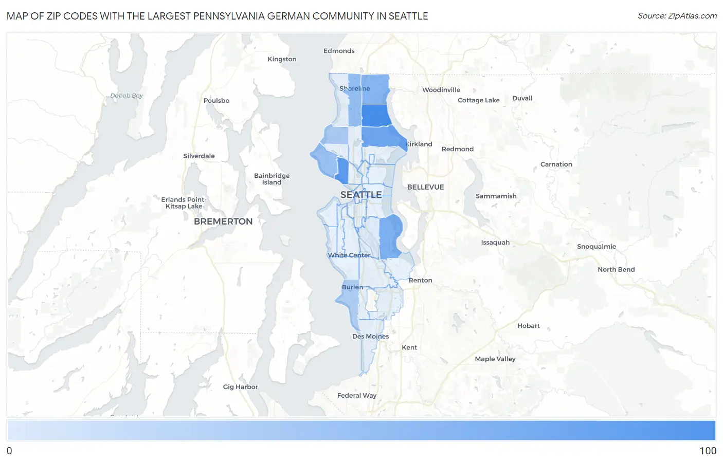 Zip Codes with the Largest Pennsylvania German Community in Seattle Map