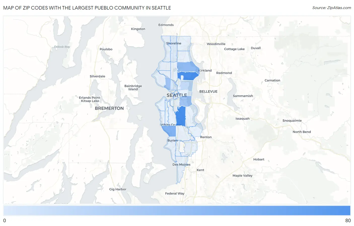 Zip Codes with the Largest Pueblo Community in Seattle Map