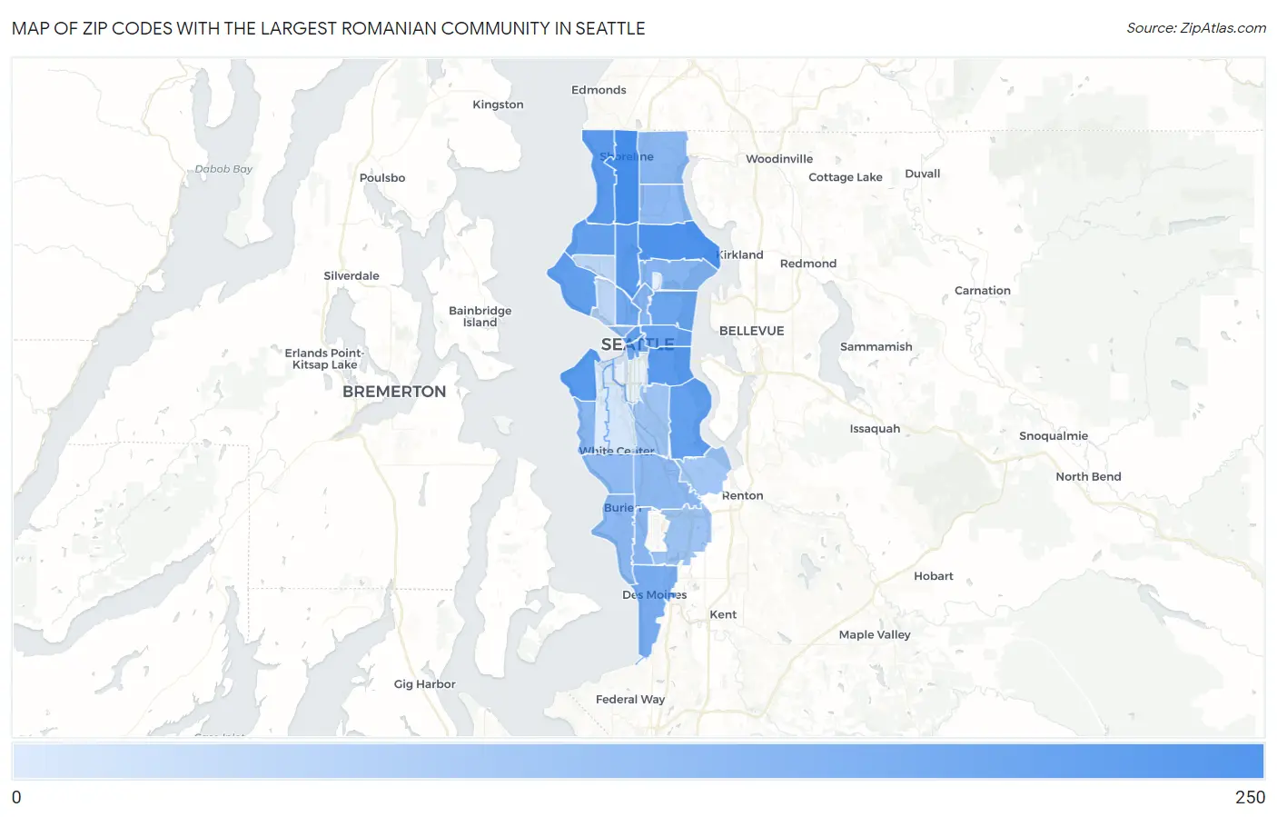 Zip Codes with the Largest Romanian Community in Seattle Map