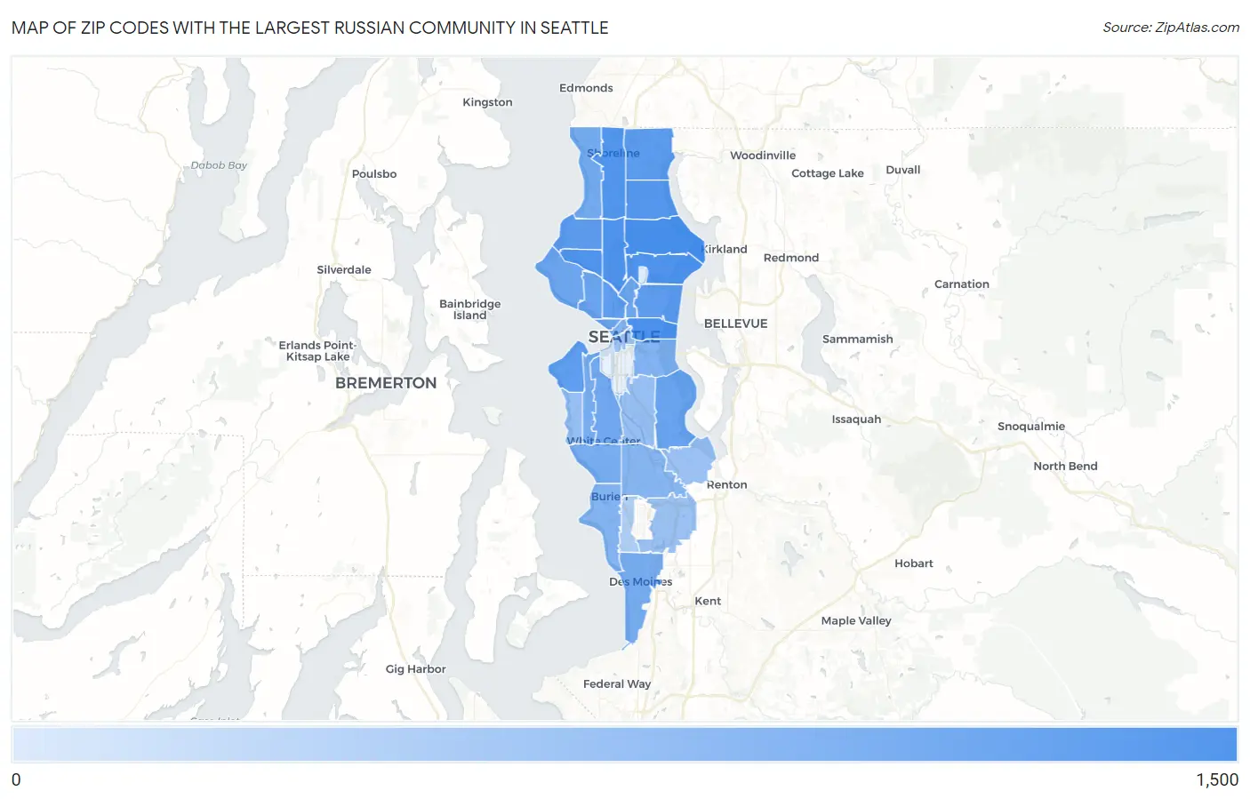 Zip Codes with the Largest Russian Community in Seattle Map