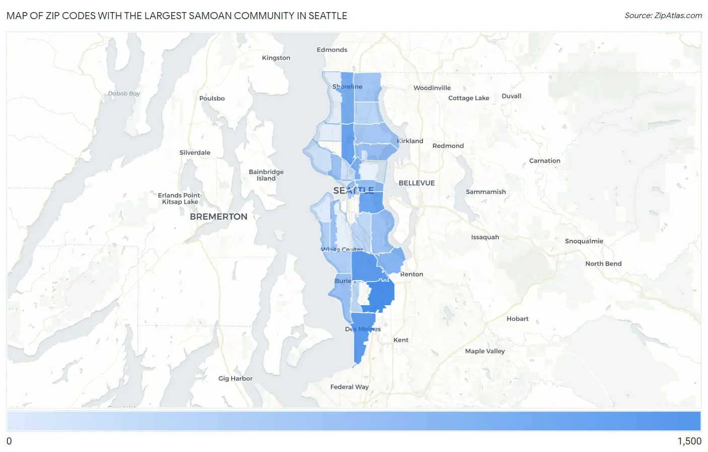 Zip Codes with the Largest Samoan Community in Seattle Map