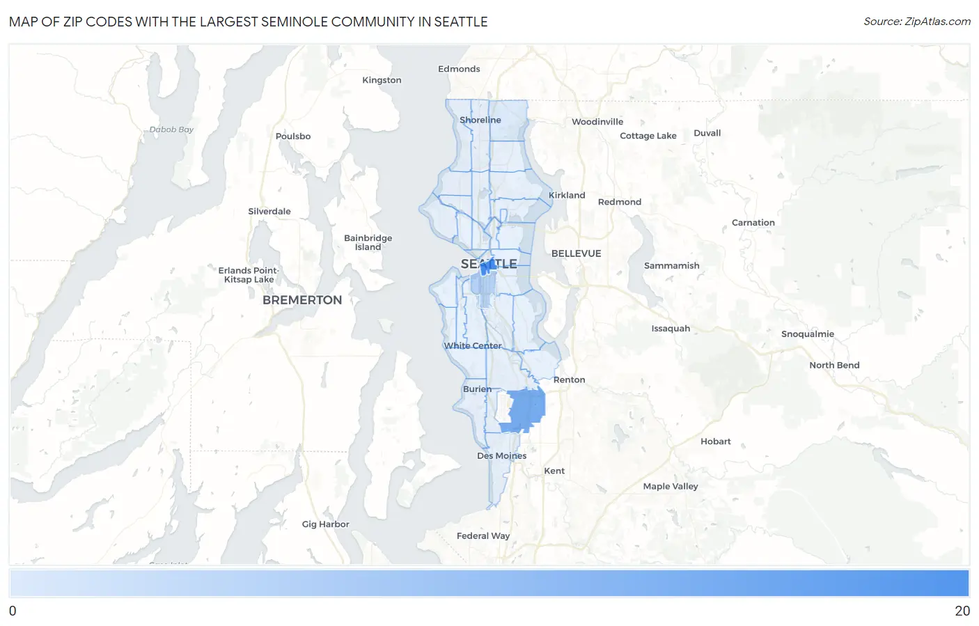 Zip Codes with the Largest Seminole Community in Seattle Map