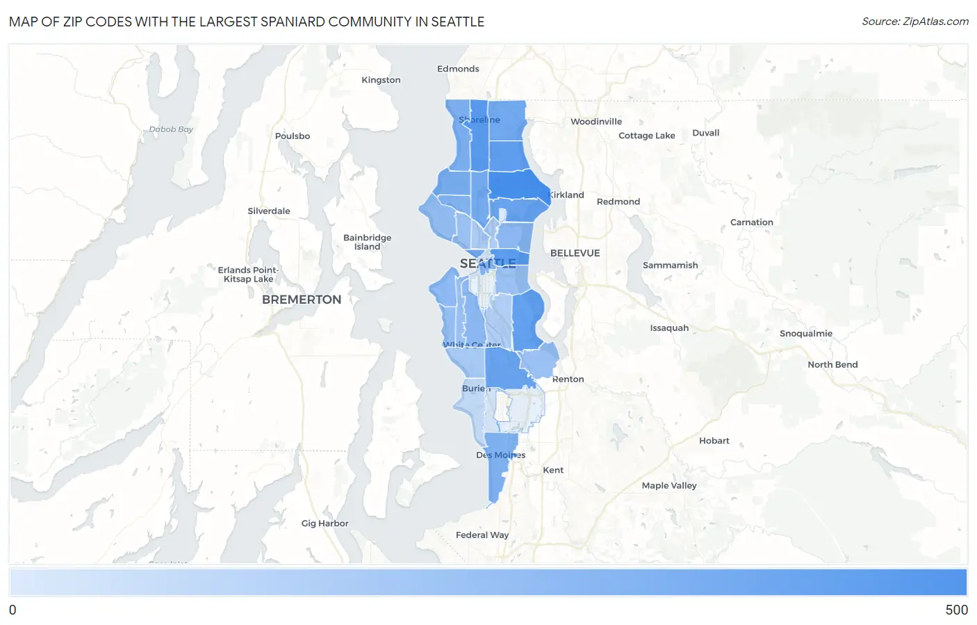 Zip Codes with the Largest Spaniard Community in Seattle Map