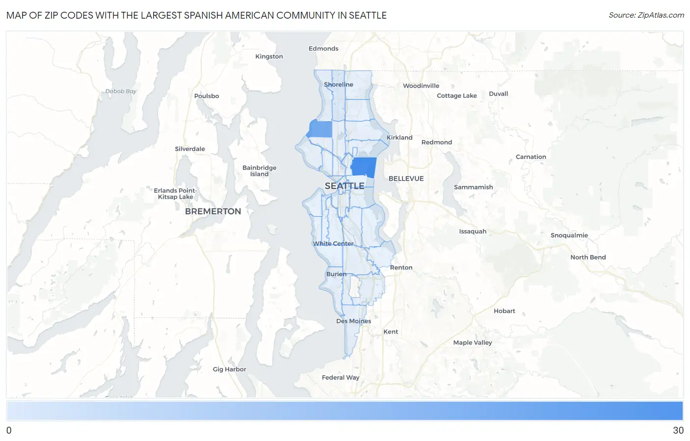 Zip Codes with the Largest Spanish American Community in Seattle Map