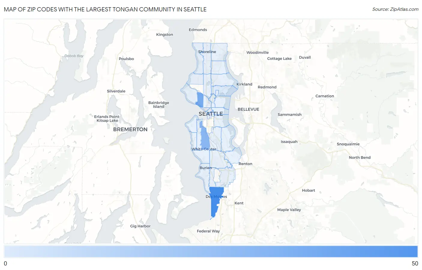 Zip Codes with the Largest Tongan Community in Seattle Map