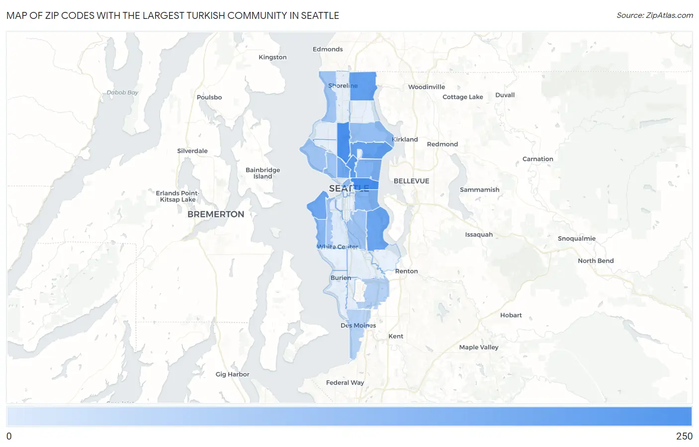 Zip Codes with the Largest Turkish Community in Seattle Map