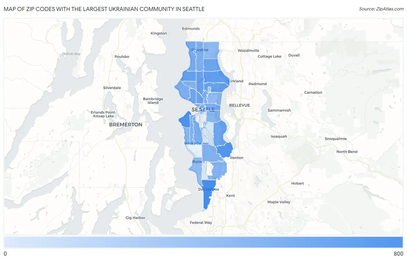 Zip Codes with the Largest Ukrainian Community in Seattle Map