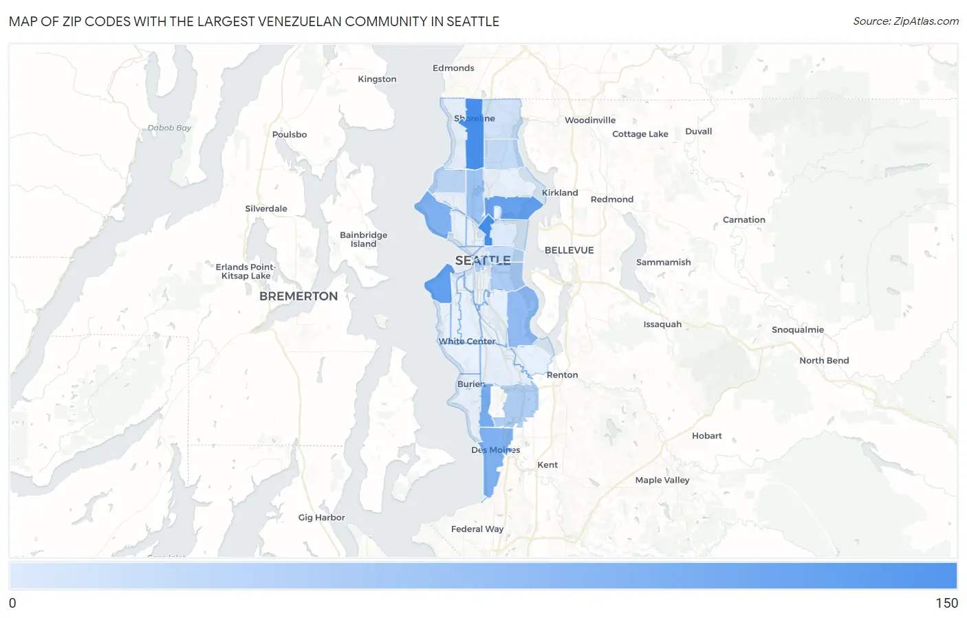 Zip Codes with the Largest Venezuelan Community in Seattle Map