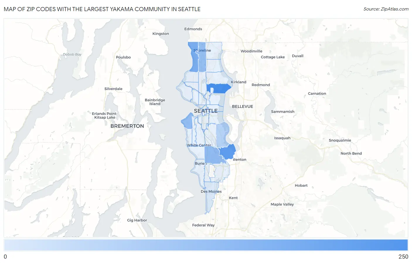 Zip Codes with the Largest Yakama Community in Seattle Map