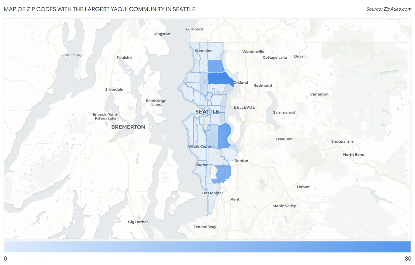 Zip Codes with the Largest Yaqui Community in Seattle Map