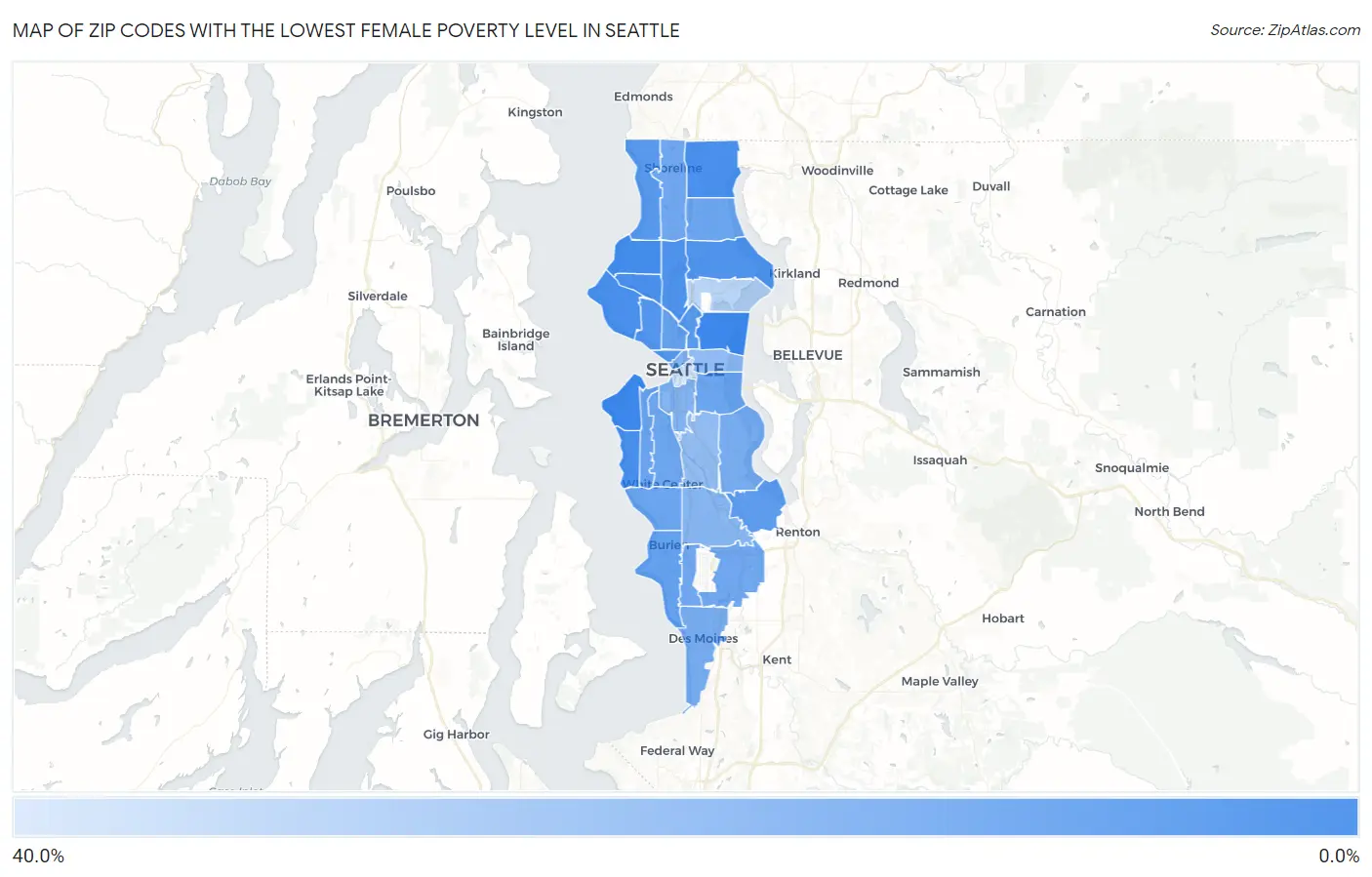 Zip Codes with the Lowest Female Poverty Level in Seattle Map