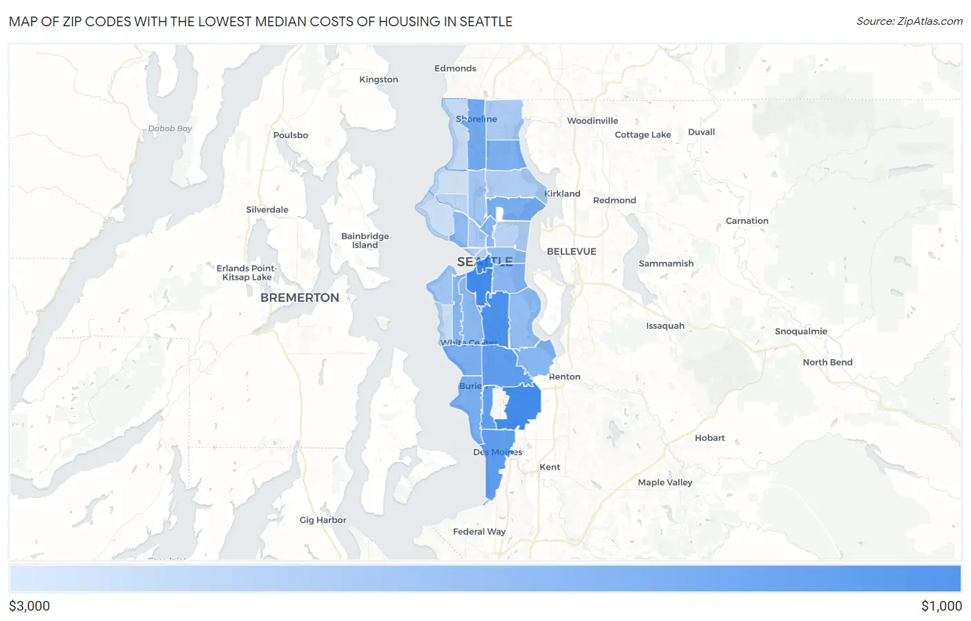 Zip Codes with the Lowest Median Costs of Housing in Seattle Map